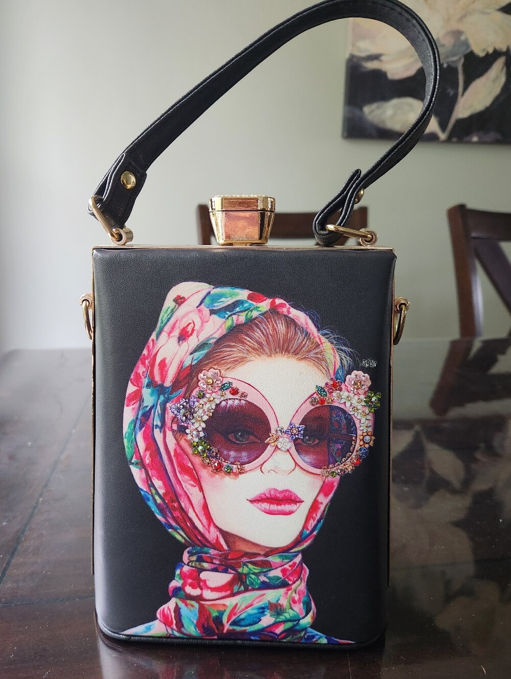 Black Floral Scarf Portrait Box Bag with Embellished Sunglasses